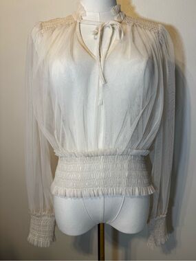 Sheer Tie-Neck Smocked Waist Blouse - Cream